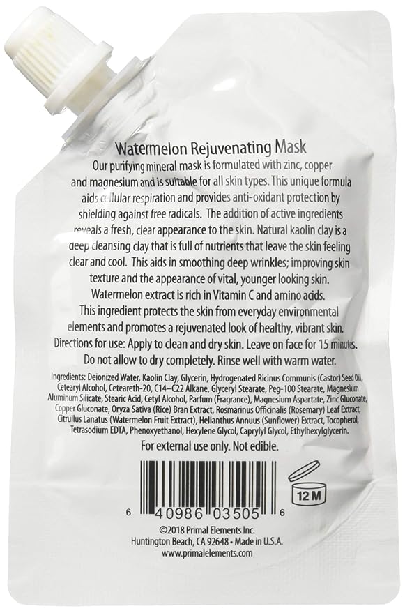Primal Elements Face Mask, Clay Mud Facial Treatment, Multi-Use Package, 1.18 oz - Watermelon Rejuvenating
