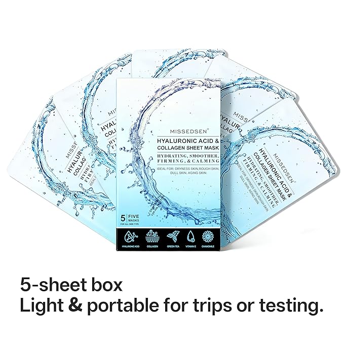 Collagen Face Mask with Hyaluronic Acid, Vitamin E Oil for Skin Care Hydrating, Moisturizing, Brightening & Anti Aging Face Masks Skincare for Oil, Dry, Acne, Sensitive All Skin Types 5PCS