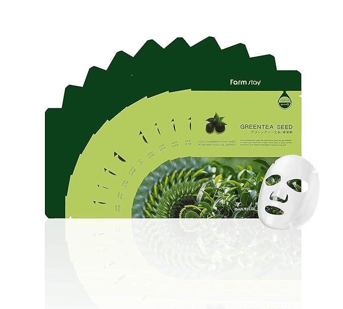 Farmstay Korean Greentea Seed Hydration Facial Mask Sheet(Pack of 10) / Good for Dry and Dull Skin / Good for Soothing and Hydrating