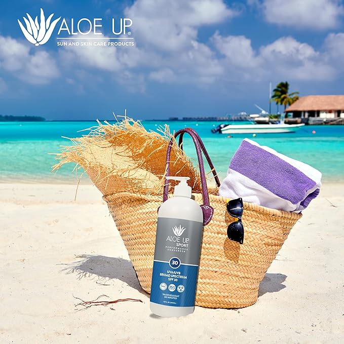 Aloe Up Sport Sunscreen Body Lotion SPF 30 – Broad Spectrum Sunblock with Hydrating Aloe Vera Gel–Non Greasy, No White Cast, Reef Friendly, Water Resistant for up to 80 Minutes,Fragrance Free – 32 Oz