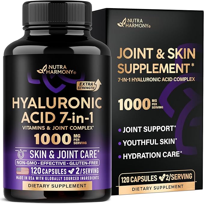 Hyaluronic Acid Supplements 1000 mg - Collagen | MSM | Boswellia | Vitamin D3, C & E - Hyaluronic Acid Capsules - Skin Hydratation & Joint Comfort Support - 7-in-1 Complex - Made in USA - 120 Capsules
