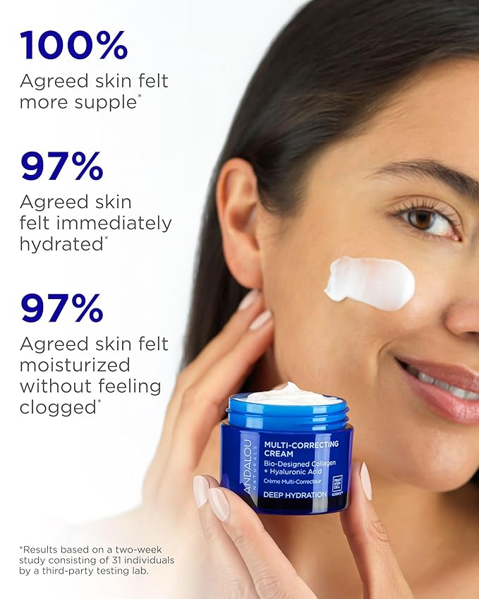Andalou Naturals Deep Hydration Face Moisturizer Multi-Correcting Cream - Daily Skincare With Hyaluronic Acid, Vegan Collagen, & Fruit Stem Cells - Repair Skin Elasticity & Boost Hydration - 1.7 fl oz
