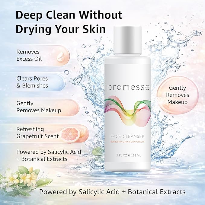 promesse Acne Control Facial Cleanser with Glycolic & Salicylic Acid | Anti Aging Gentle Exfoliating Face Wash | Grapefruit Scented Hydrating Cleanser with Natural Ingredients for Skin Wash - 4 fl oz