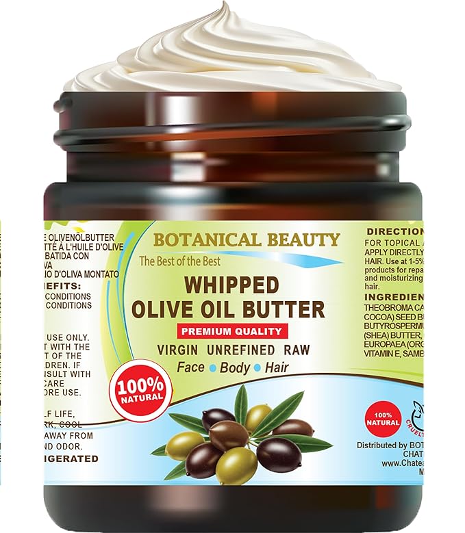 Botanical Beauty Whipped OLIVE OIL BUTTER 100% Natural Pure Organic Cocoa Butter, Shea Nut Butter, Organic Olive Oil Virgin Unrefined for FACE, SKIN, BODY, HAIR, NAILS. (4 Fl Oz)