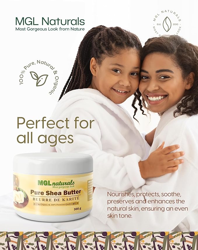 MGL Naturals Unrefined African Shea Butter Ivory whipped, 100% Raw, Organic | Apple and honeysuckle scented. Moisturizing body and hair butter from Ghana. 11 oz / 300g