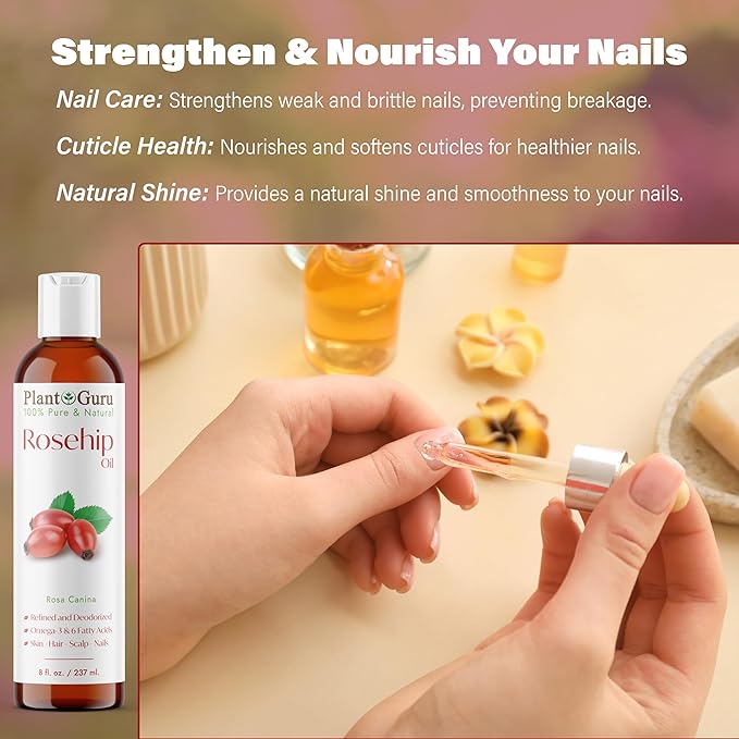 Plant Guru Rosehip Oil Refined 8 fl. oz. – Cold Pressed, 100% Pure & Natural Carrier for Skin, Face, Body, and Hair Moisturizing. Great for DIY Creams, Lotions, and Lip Balms