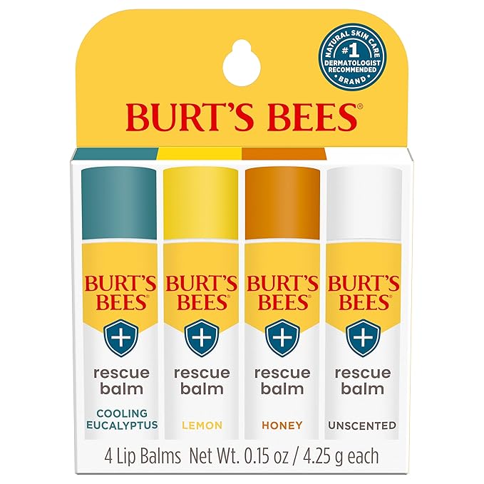 Burt's Bees 100% Natural Rescue Lip Balm, Cooling Eucalyptus, Lemon, Honey, Unscented, 4 Tubes