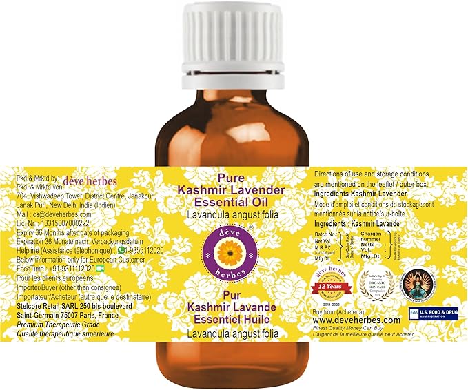 Deve Herbes Pure Kashmir Lavender Essential Oil (Lavandula angustifolia) Steam Distilled 2ml (0.06 oz)