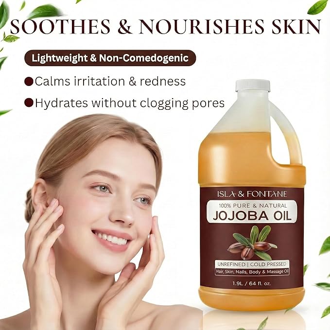 ISLA & FONTANE Jojoba Oil Set – 64 Fl Oz (1.9L) | 100% Pure & Natural | Golden, Unrefined, Cold Pressed | Hexane-Free Carrier Oil for Skin, Hair, Face, Nails & Body