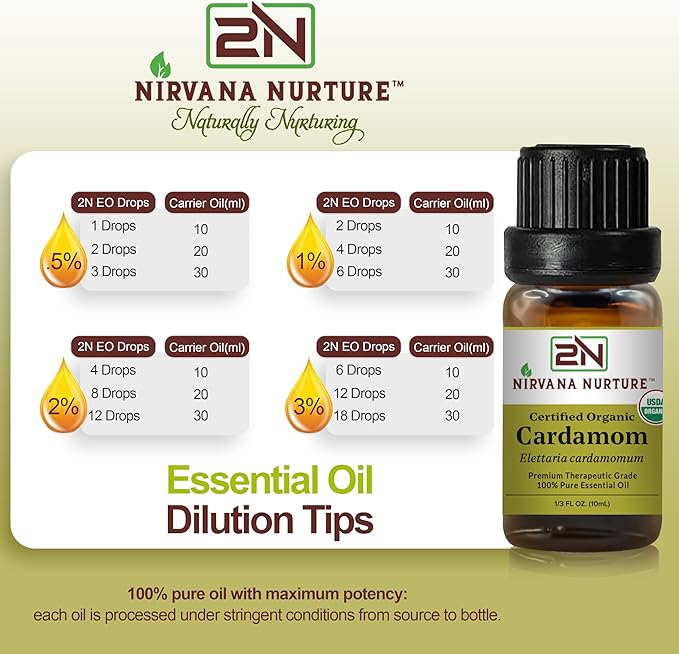 Cardamom Essential Oil, USDA Certified Organic, 100% Pure Undiluted, Aromatherapy Oil for Diffuser, Hair & Skin Care