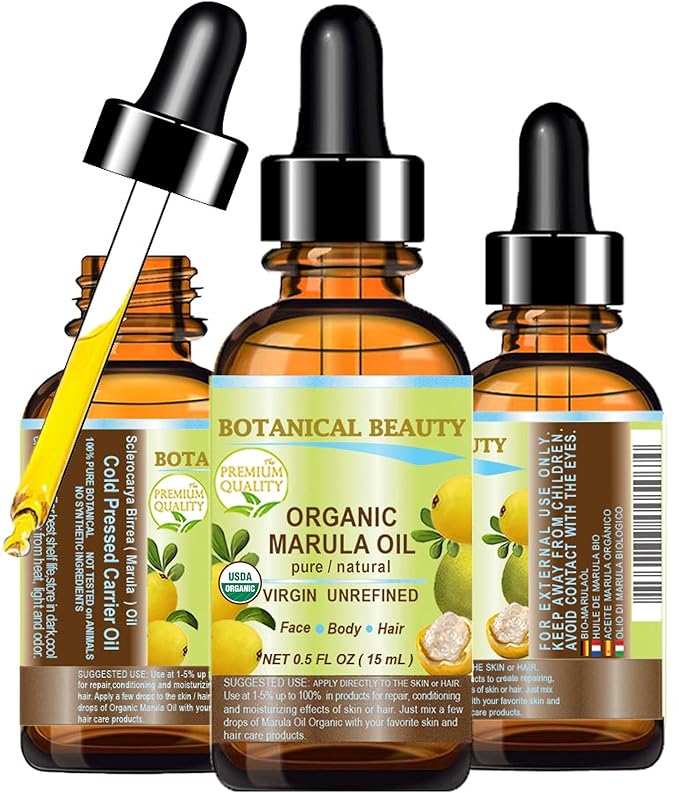 Botanical Beauty Organic MARULA OIL WILD GROWTH 100% Pure Natural Virgin, Unrefined Cold-Pressed Moisturizer for FACE, DRY SKIN, BODY, DAMAGED HAIR, NAILS, Anti-Aging (0.5 Fl Oz)