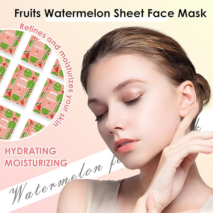 Hydrating Facial Masks Skincare for Women,Watermelon Face Mask Sheet Skincare,Moisturizing Face Mask for All Skin Types (10-Packs)