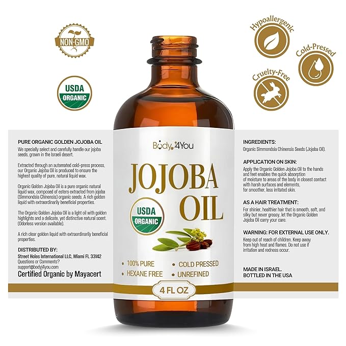 BodyJ4You Organic Jojoba Oil - Moisturise Hair Soothe Skin Protect Restore Healthy Glow - USDA 100% Pure Natural Unrefined Conditioner Wax - Unisex All Hair Types - Spray Cap 4 Fl Oz