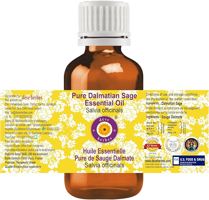 Deve Herbes Pure Sage Essential Oil (Salvia officinalis) Steam Distilled 50ml (1.69 oz)