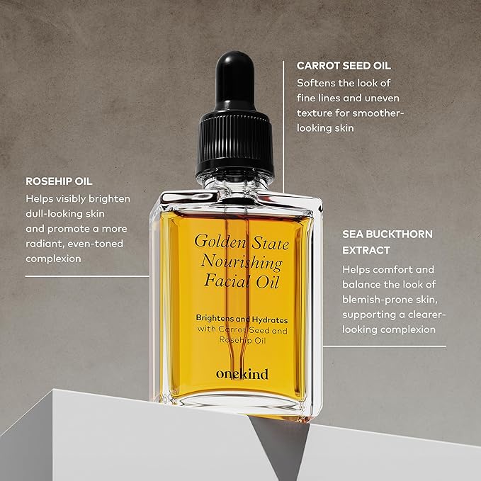 Onekind Golden State Anti Aging Botanical Face Oil with Rosehip Seed Oil, Sea Buckthorn Extract, Carrot Seed to Visibly Brighten, Firm, and Hydrate - Nourishing and Hydrating for Dry Skin (Pack of 2)