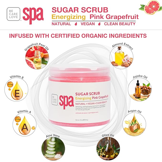 BCL Spa Energizing Pink Grapefruit Sugar Scrub – Professional Exfoliating Body Scrub for Smooth & Glowing Skin, Made in USA, 16 oz