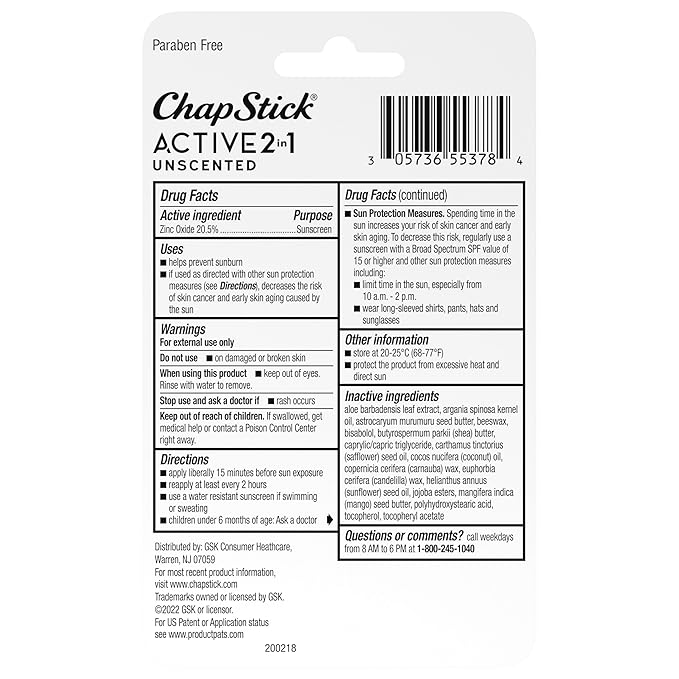 ChapStick Active 2-in-1 Unscented Flavored Lip Balm Tubes with Mineral Based SPF 25 Sunscreen - 0.18 Oz (Pack of 3)