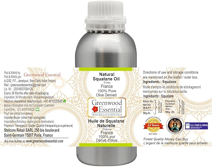 Greenwood Essential Pure Natural Squalane Oil (derived from Olives) Natural Therapeutic Grade for Hair, Skin & Aromatherapy 300ml (10.1 oz)