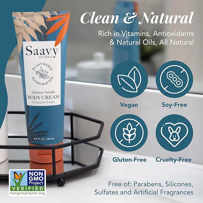 Saavy Naturals Deeply Hydrating Body Cream for Dry Skin – Nourishing Shea Butter, Plant-Based & Sustainably Sourced – Tahitian Vanilla – 8.5 fl oz, 2 pack