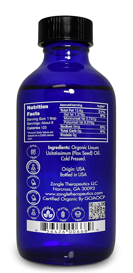 Organic, Flaxseed Oil, Liquid, Supplement, for Cooking, Hair – 100% Pure, Flaxseed Oil, by Zongle Therapeutics, 4 OZ