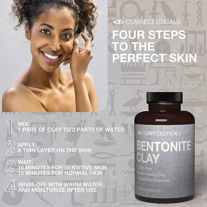 Bentonite 100% Pure Bentonite Clay - Indian Healing Clay Face Mask - Indian Clay Mask for Face, Calcium Bentonite Clay Powder, Bentonite Clay Mask - Indian Face Mask Skin Care, 16.9 Fl Oz