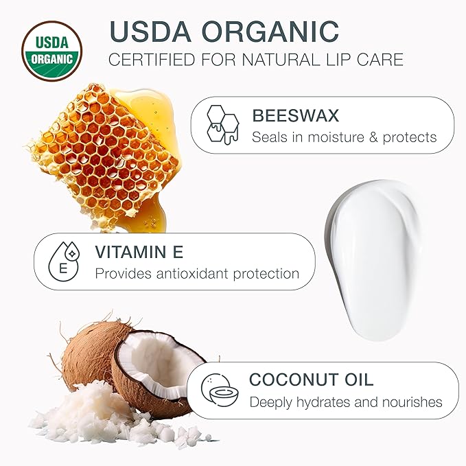 USDA Organic Lip Balm Unflavored 4-Pack by Bambalo – Beeswax, Coconut Oil, Vitamin E – Gentle Lip Repair Chapstick for Dry Lips – Moisturizing Care for Men and Women
