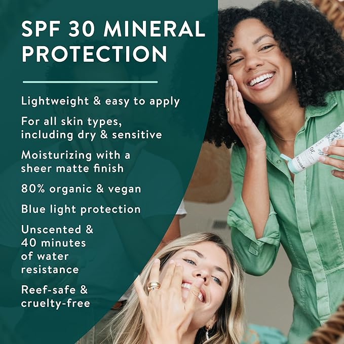 Badger Zinc Oxide Face Sunscreen SPF 30, Lightweight Mineral Sunscreen for Face, Matte Finish, No White Cast, Vegan, Water Resistant, Unscented, Mineral Sunblock Facial Lotion, 1.7 fl oz, 2-Pack