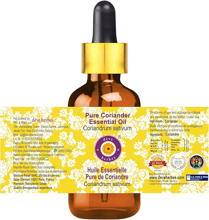 dève herbes Coriander Essential Oil (Coriandrum sativum) with Glass Dropper | Pure | Non-Sticky | Non-Greasy | Lightweight | Men & Women | All Skin Types | Steam Distilled 5ml (0.16 oz)