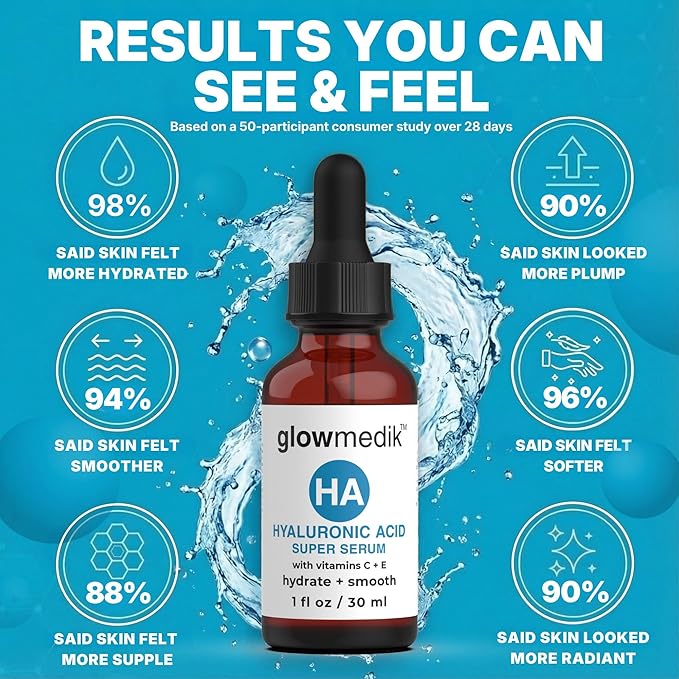 Glowmedik Hyaluronic Acid Serum for Face with Vitamin C & E - Advanced Hydrating Face Serum for Dry Skin, Fine Lines & Wrinkles - Vegan Facial Moisturizer for Women 1 fl oz 30ml