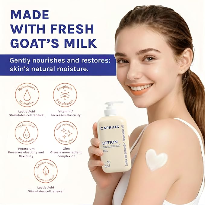 Caprina Goat’s Milk Body Lotion, 500 ml (16.9 oz), LAVENDER OIL, Soothing Daily Moisturizer for Normal to Dry Skin