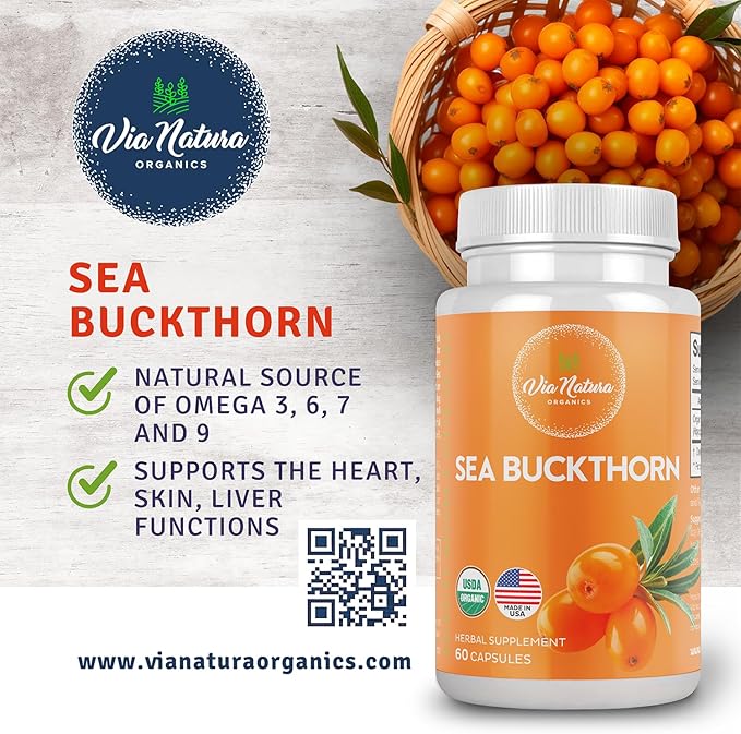 Sea Buckthorn Capsules 1000mg | Organic Herbal Supplement | Natural Source of Omega 3, Omega 6, Omega 7 and Omega 9 | 60 Capsules