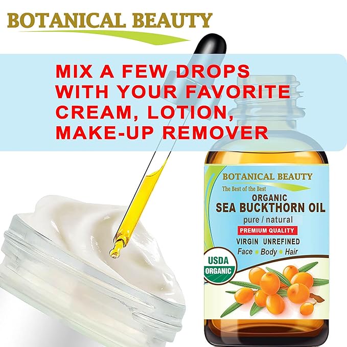 Botanical Beauty Certified Organic SEA BUCKTHORN OIL 100% Pure Natural Virgin Unrefined Cold-Pressed Carrier Oil for Face, Skin, Damaged Hair, Nails, Anti-Aging 0.33 Fl Oz - 10 ml