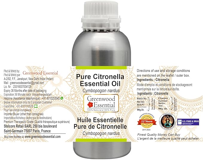 Greenwood Essential Pure Citronella Essential Oil (Cymbopogon nardus) Steam Distilled 1250ml (42.2 oz)
