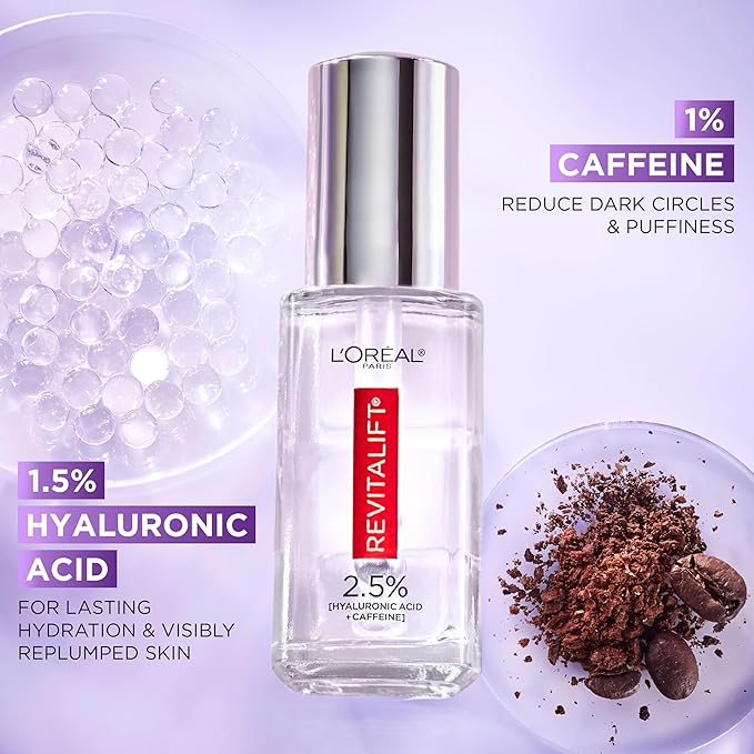 L'Oreal Paris Revitalift Hyaluronic Acid + Caffeine Hydrating Eye Serum for Dark Circles, Fragrance Free .67 fl. oz + Moisturizer Sample