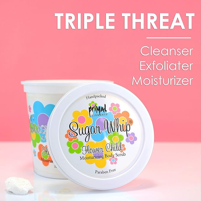 Primal Elements Sugar Scrub, Exfoliating Sugar Whip, Face and Body Cleanser, Moisturizer, Flower Child, 10 oz Package