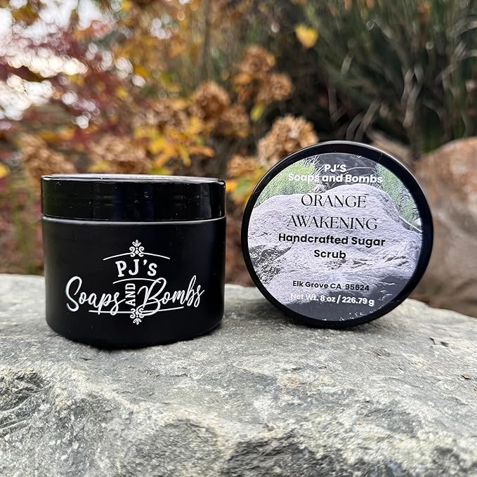 PJ’s Coconut & Almond Bliss Orange Awakening Sugar Scrub 8 oz – Handmade Exfoliating Body Scrub with Orange Essential Oil – Energizing, Clean Ingredients, Natural Skincare Spa Gift