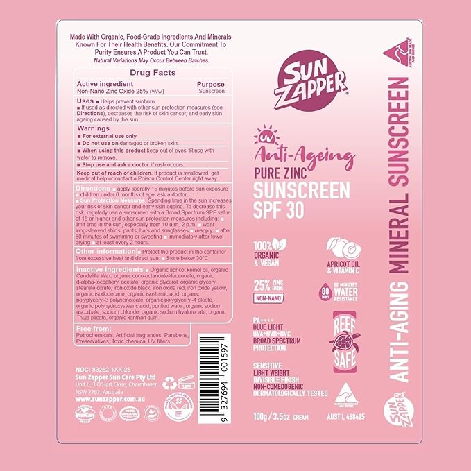 Sun Zapper Anti-Aging Pure Zinc Sunscreen SPF 30 Tinted – Organic Mineral Face Sunscreen, 25% Non-Nano Zinc Oxide, Reef Safe, Vegan, Broad Spectrum PA++++, 100g (3.5 oz) Pump, Australian Made