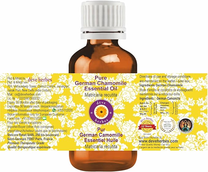 dève herbes German Chamomile Essential Oil (Matricaria recutita) Pure | Non-Sticky | Non-Greasy | Lightweight | Men & Women | All Skin Types | Steam Distilled 10ml (0.33 oz)