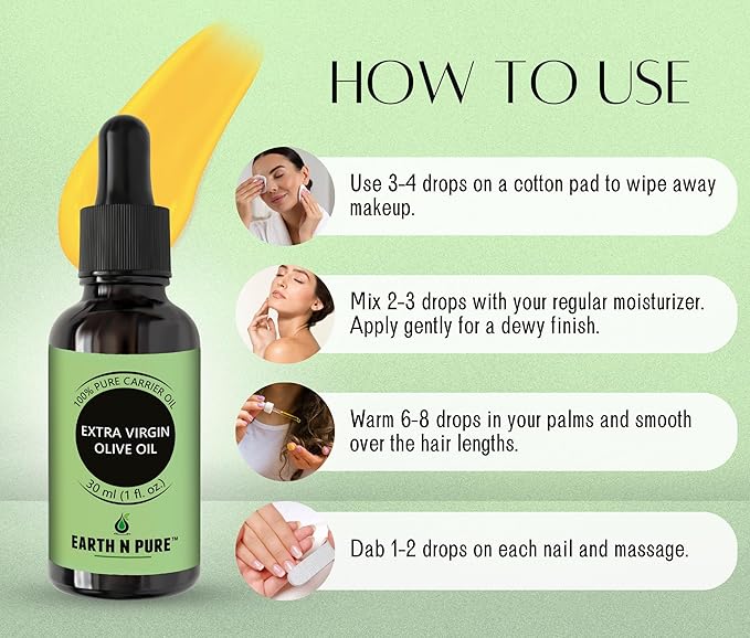 Earth N Pure Extra Virgin Olive Oil (Jaitun Oil) Cold Pressed, Natural, Therapeutic Grade 30 ml