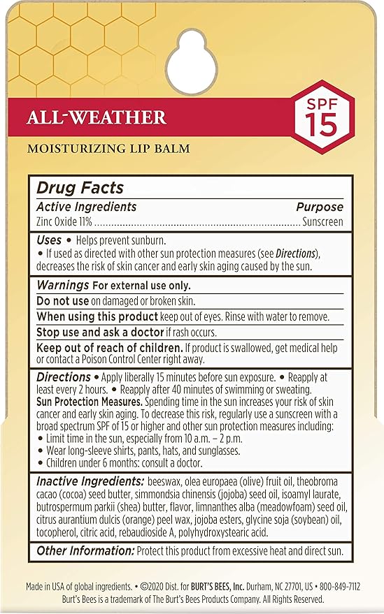 Burt's Bees All Weather SPF 15 Lip Balm, Water-Resistant Lip Moisturizer, Tint-Free, Natural Conditioning Treatment, 2 Tubes, 0.15 oz.