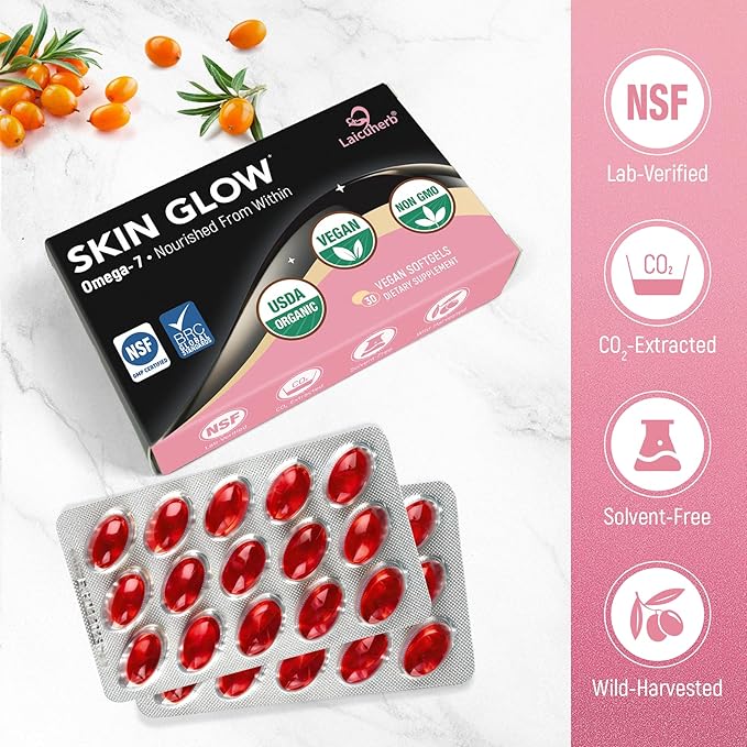 Laicuherb Skin Glow Sea Buckthorn Oil Capsules Support Face, Hair & Nails with Omega 3 6 9 & 7, Co2 Extracted, Himalayan Sea Buckthorn Berry Omega 3 Supplement Support Skin Hydration & Elasticity