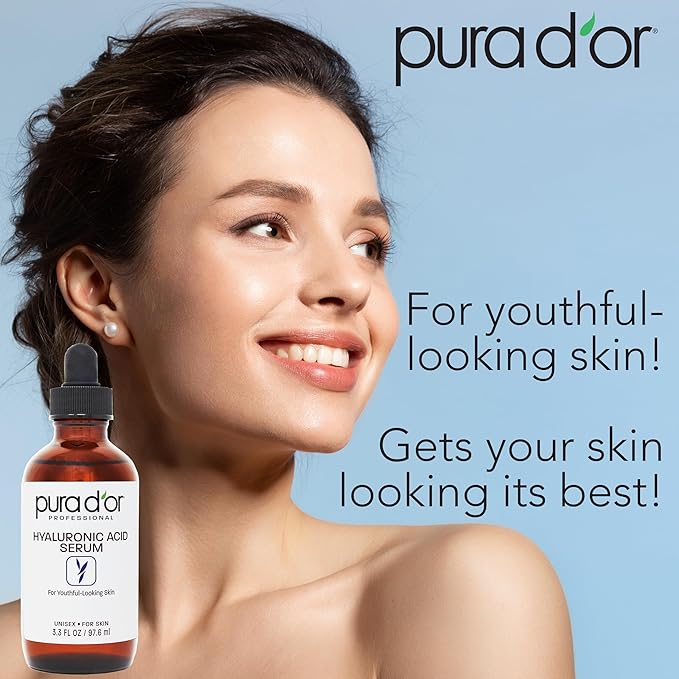 PURA D'OR 3.3 Oz Hyaluronic Acid Serum For Deep Hydration - Anti-Aging, Plumping & Moisturizing Formula For Smooth, Supple Skin - Natural Skincare Boost - Fine Lines & Wrinkle Reducer