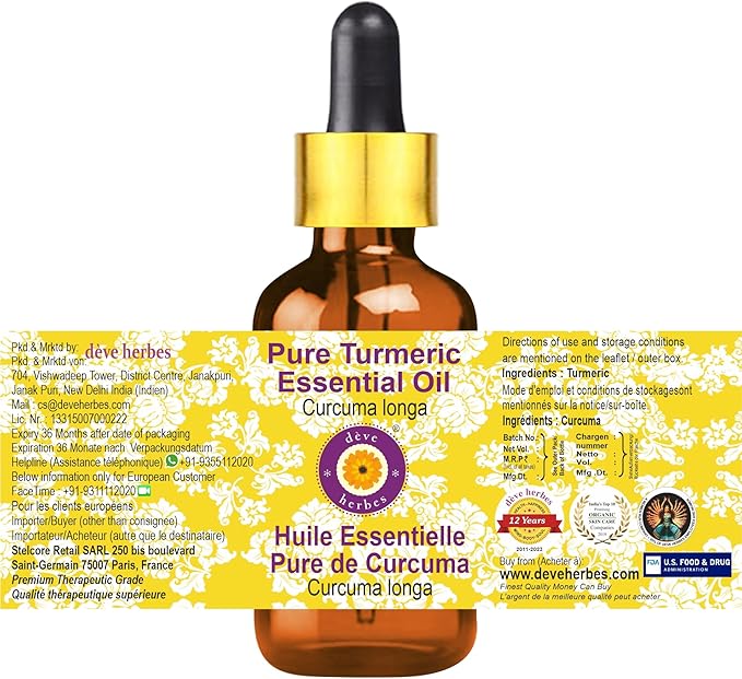 dève herbes Turmeric Essential Oil (Curcuma Longa) with Glass Dropper | Pure | Non-Sticky | Non-Greasy | Lightweight | Men & Women | All Skin Types | Steam Distilled 5ml (0.16 oz)