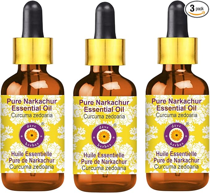 Deve Herbes Pure NAR Kachur Essential Oil (Curcuma zedoaria) with Glass Dropper Steam Distilled (Pack of Three) 100ml X 3 (10 oz)