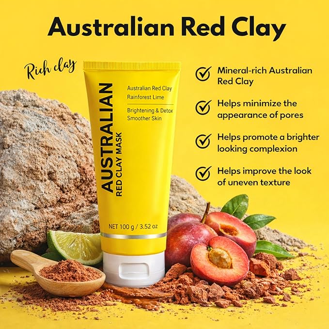 Zelara Australian Red Clay Face Mask, Mineral-Rich Detox Mud Mask with Kakadu Plum,Desert & Rainforest Lime Extracts, for Radiant-Looking, Smoother Skin, All Skin Types, 100 mL (1)