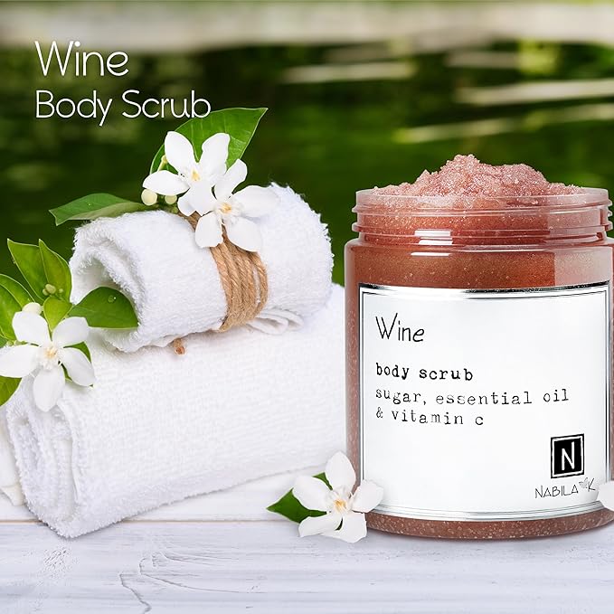 Wine Body Scrub Made in USA with Essential Oil and Vitamin C by Nabila K - Exfoliate and Moisturize for Smooth Skin - Luxury for Women & Men, 10 oz