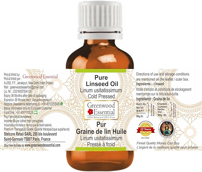 Greenwood Essential Linseed Oil (Linum usitatissimum) | Cold Pressed | Natural | Undiluted | For Diluting Essential Oils | For Skin & Massage | Men & Women | 100ml (3.38 oz)