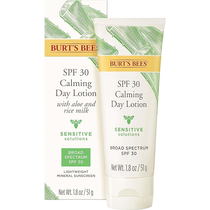 Burts Bees Sensitive Solutions SPF 30 Calming Day Lotion with Aloe and Rice Milk, Broad Spectrum SPF 30, Lightweight Mineral Sunscreen, 99.4% Natural Origin, 1.8 Fluid Ounces