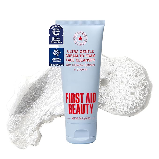 First Aid Beauty Ultra Gentle Cream-to-Foam Pure Facial Cleanser – Makeup Removing Face Cleanser - Face Wash with Colloidal Oatmeal & Glycerin, for Sensitive, Acne & Blemish-Prone Skin, 2 oz