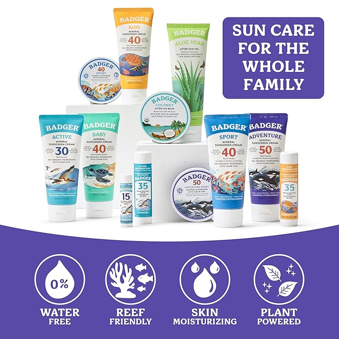 Badger Reef Safe Mineral Sunscreen, SPF 50, 98% Organic with Zinc Oxide, Non Toxic, Water Resistant, Unscented & Hypoallergenic, Broad - Spectrum, For Adventure, Travel & Sport, 2.4 oz Tin (2 Pack)